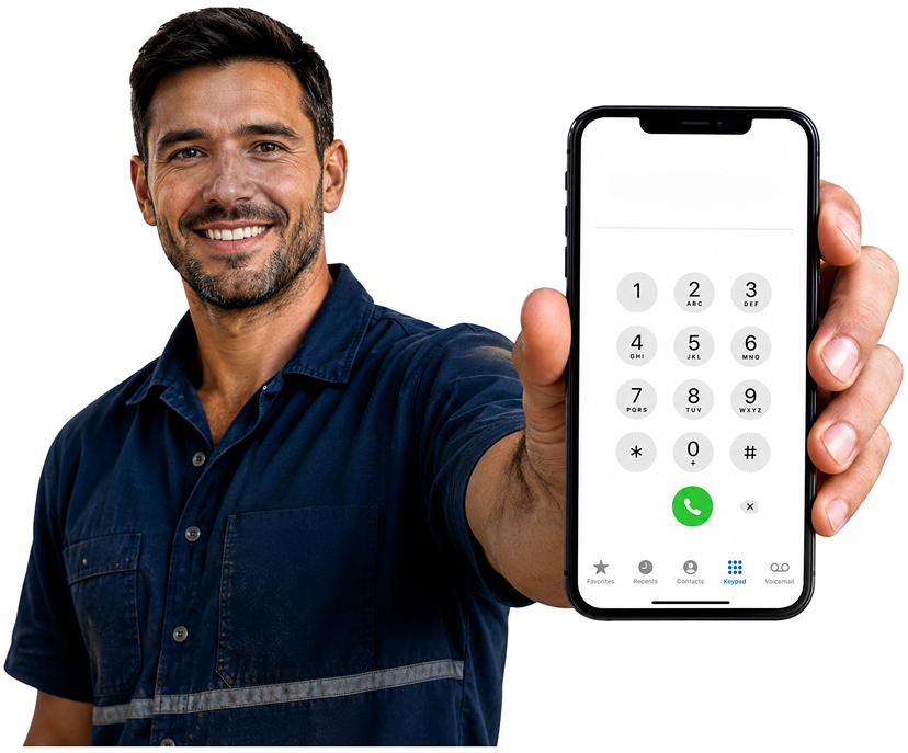 Harrington Park Blocked Drains plumber holding a phone — call 1300 261 965