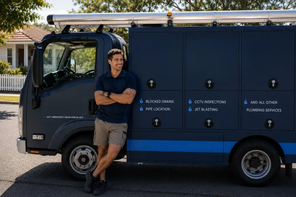 Plumber standing beside a service van in Harrington Park