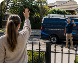 Customer waving goodbye to a Harrington Park Blocked Drains plumber